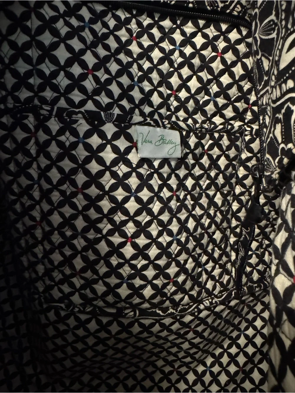 Vera Bradley XXL Quilted Black & White Floral Tote with Multicolor Stripe Accent